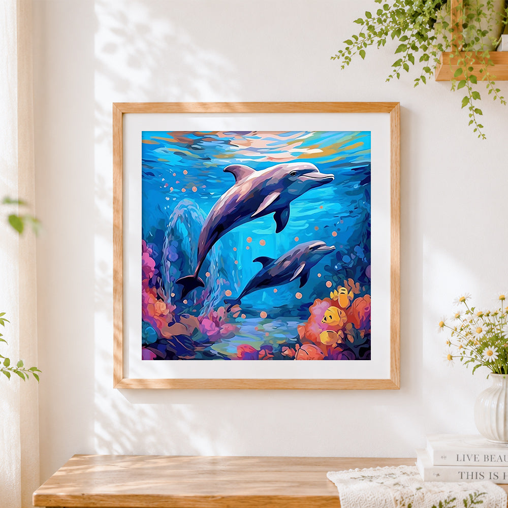 Finished vibrant dolphins underwater cross stitch artwork displayed