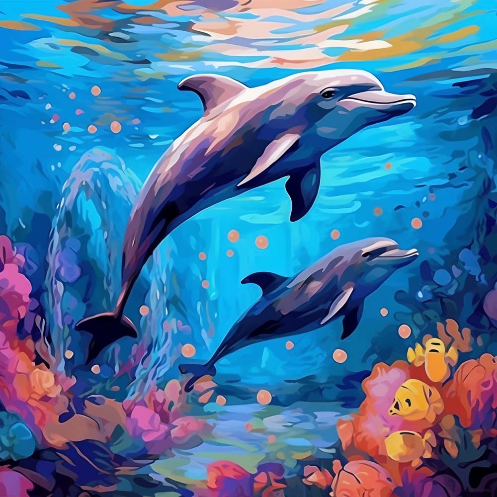 Vibrant dolphins underwater cross stitch kit for beginners
