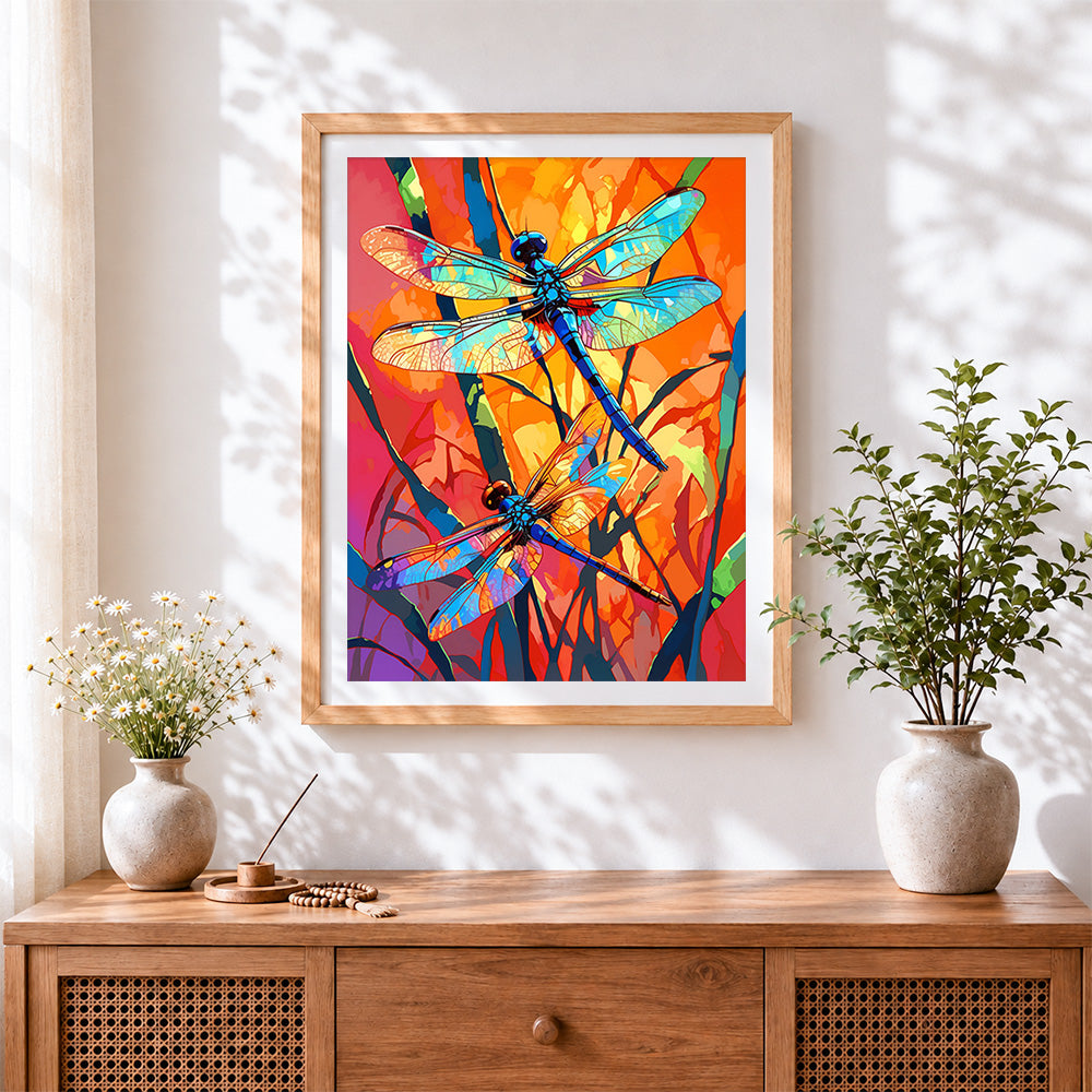 Finished vibrant dragonflies in abstract sunset cross stitch artwork displayed