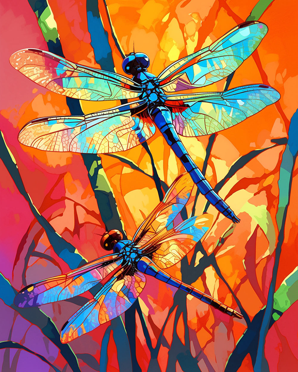 Vibrant dragonflies in abstract sunset cross stitch kit for beginners