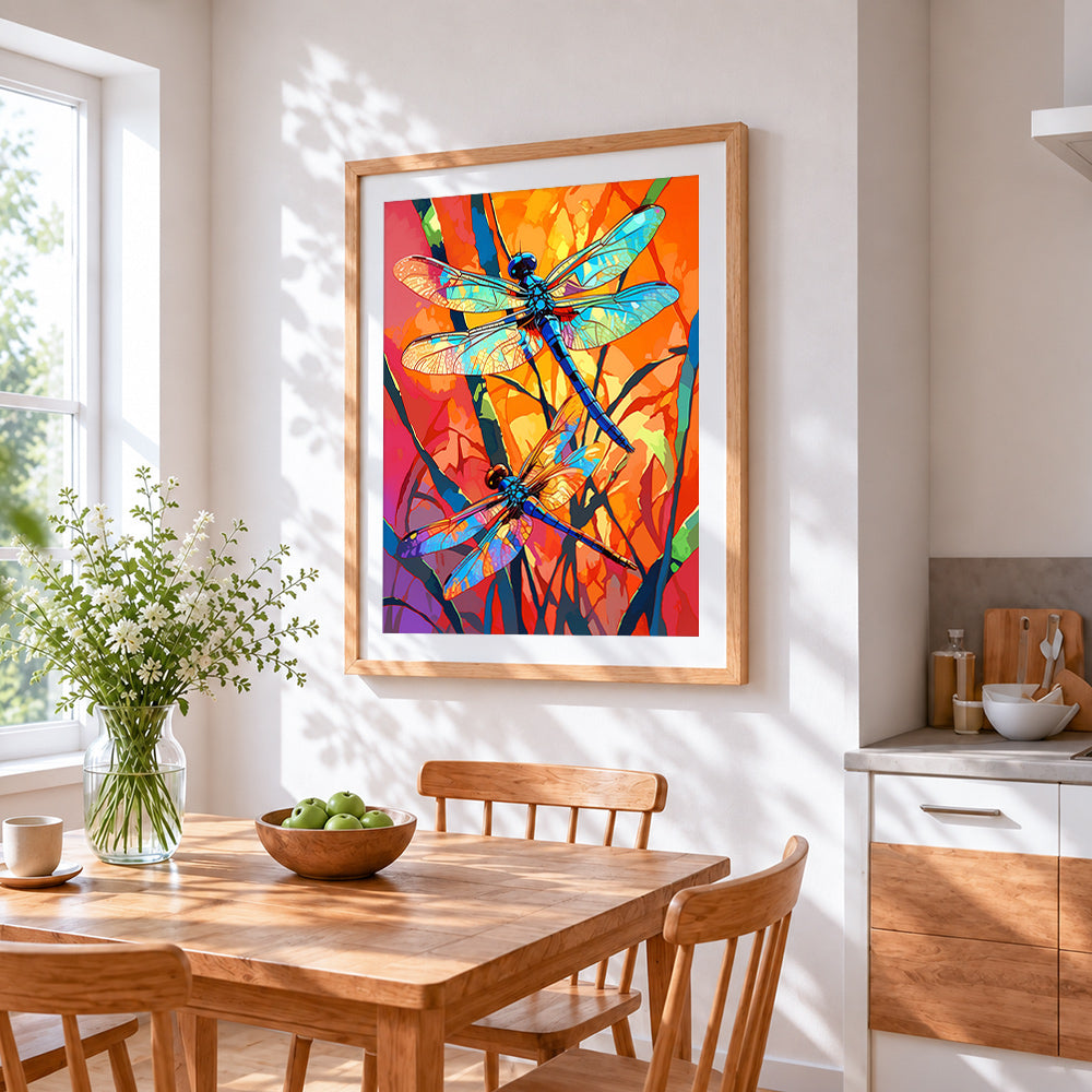 Vibrant dragonflies in abstract sunset cross stitch artwork displayed on wall as home decor
