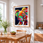 Vibrant elephant close up cross stitch artwork displayed on wall as home decor