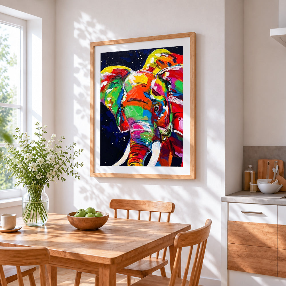 Vibrant elephant close up cross stitch artwork displayed on wall as home decor