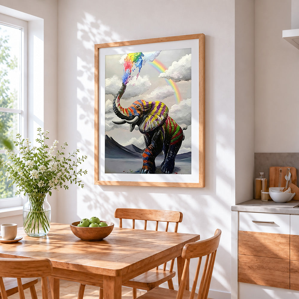 Vibrant elephant with rainbow cross stitch artwork displayed on wall as home decor