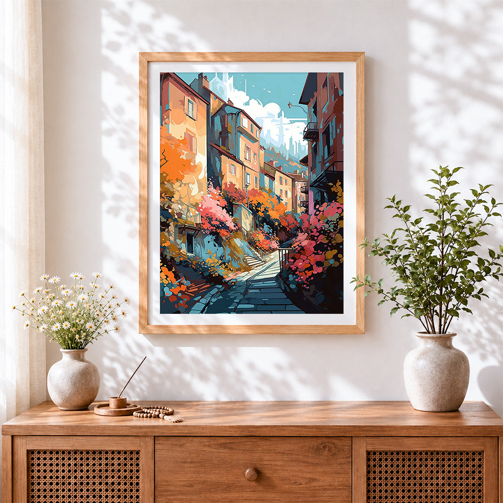 Finished vibrant european town cross stitch artwork displayed