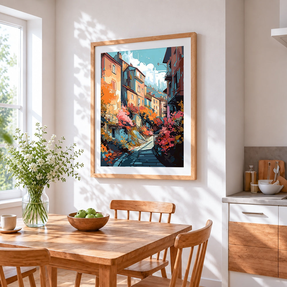 Vibrant european town cross stitch artwork displayed on wall as home decor