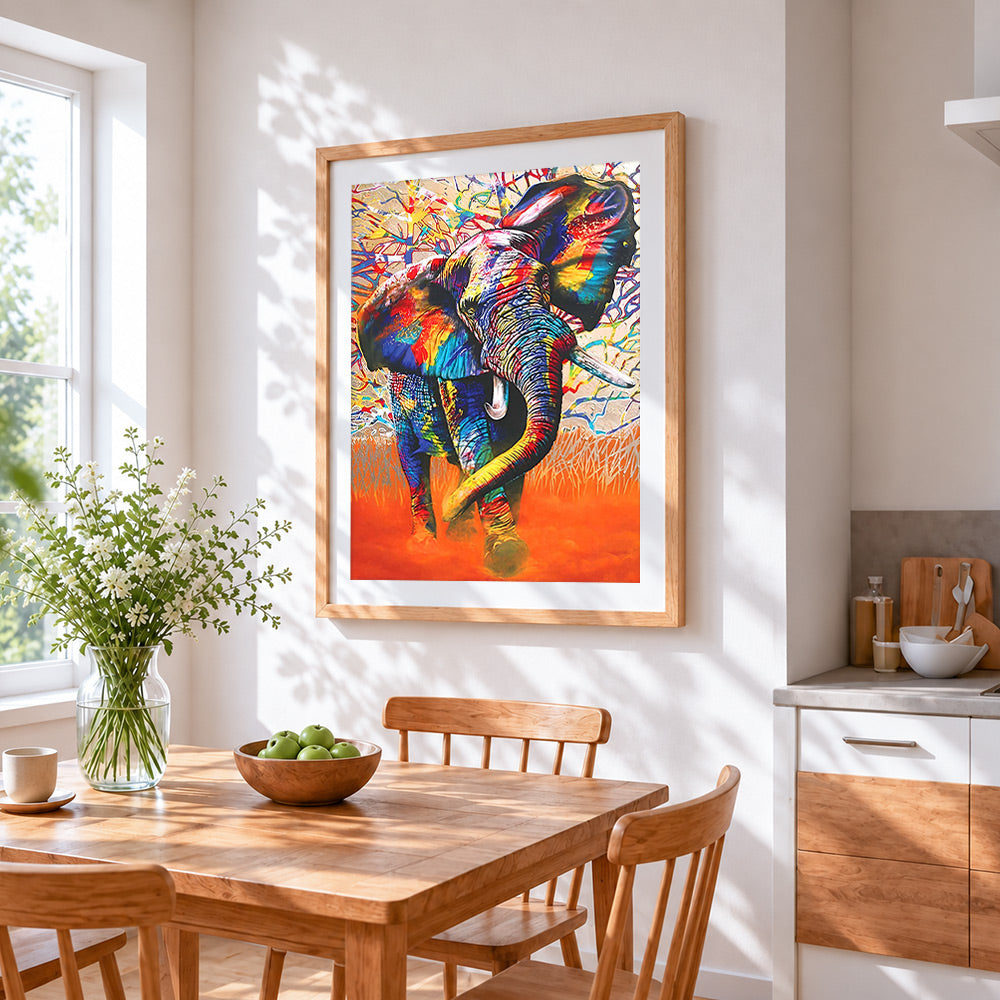 Vibrant expressionist elephant cross stitch artwork displayed on wall as home decor