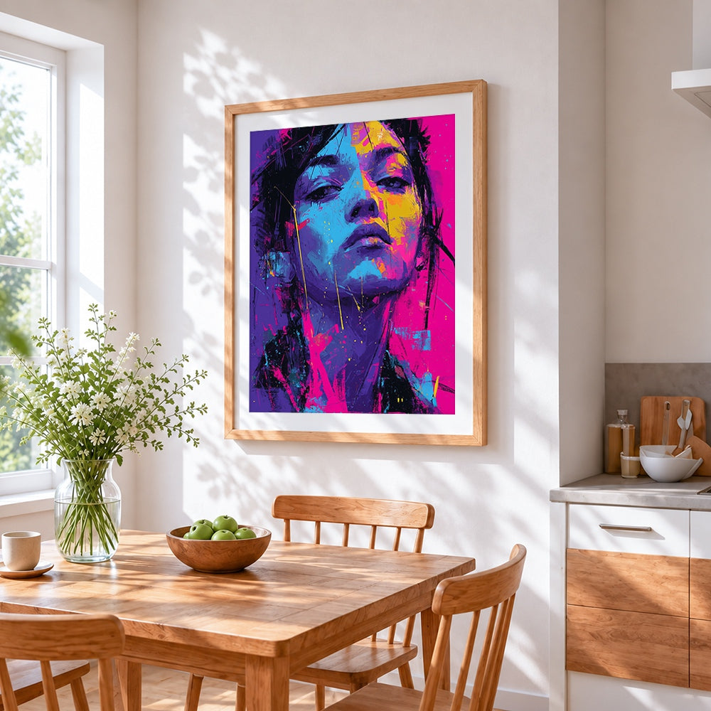 Vibrant female portrait cross stitch artwork displayed on wall as home decor