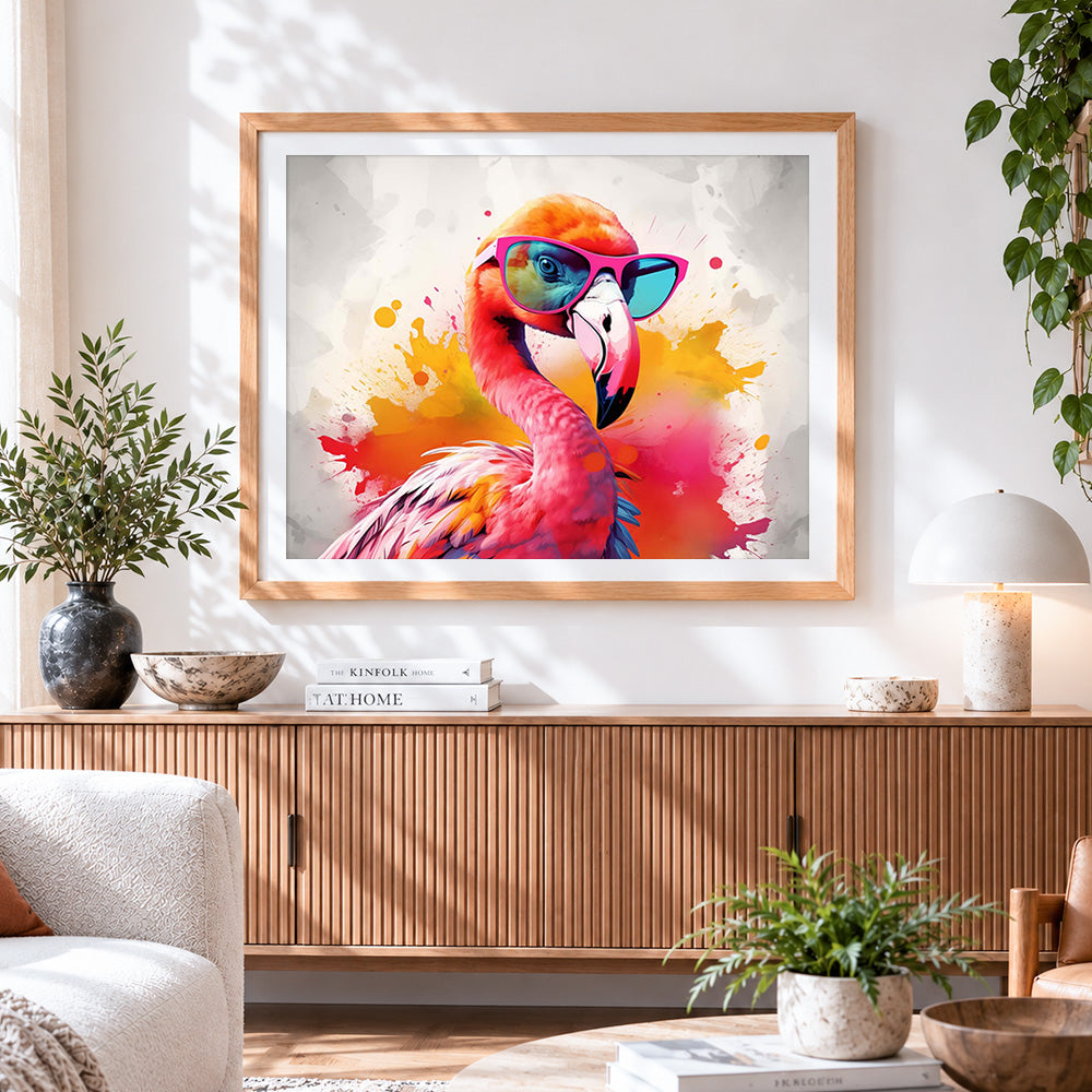 Finished vibrant flamingo with pink sunglasses cross stitch artwork displayed
