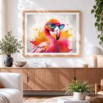 Finished vibrant flamingo with pink sunglasses paint by numbers artwork displayed as home decor