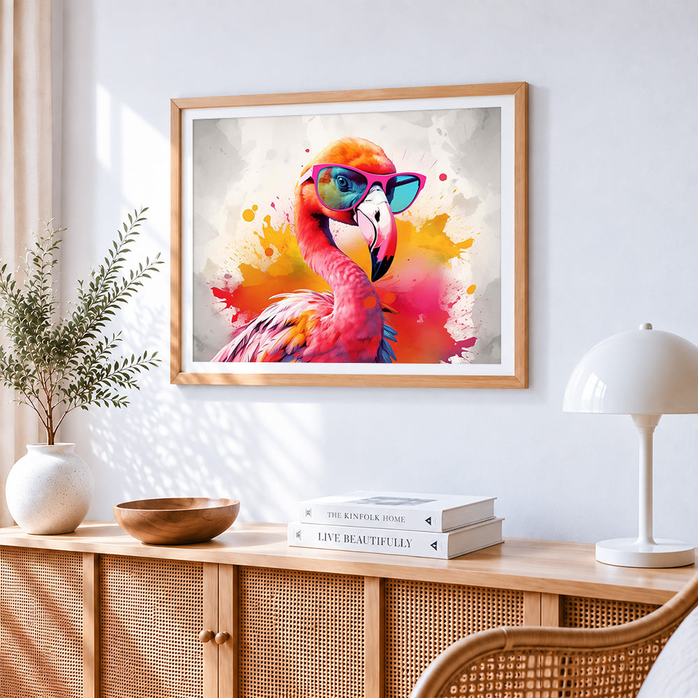 Vibrant flamingo with pink sunglasses paint by numbers artwork displayed on wall as home decor