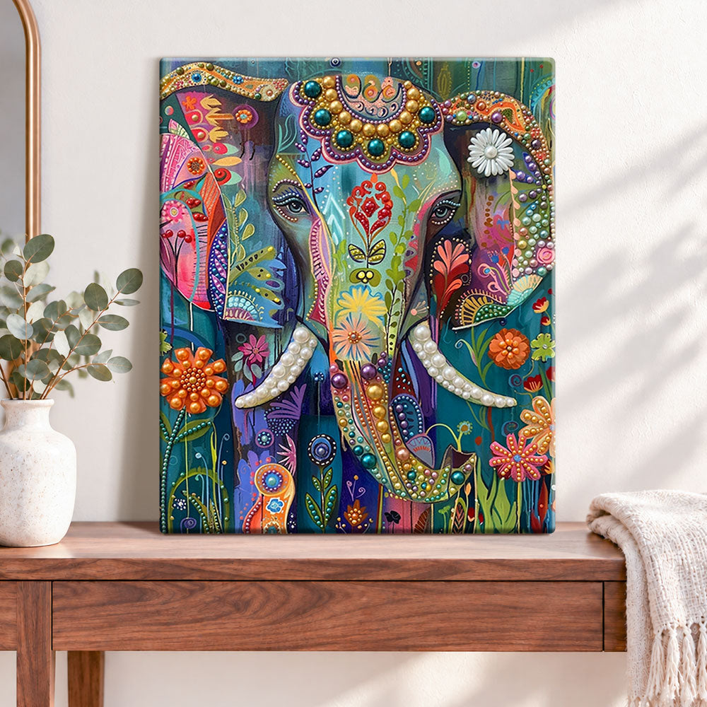 Finished vibrant floral elephant pearl diamond painting artwork displayed as home decor