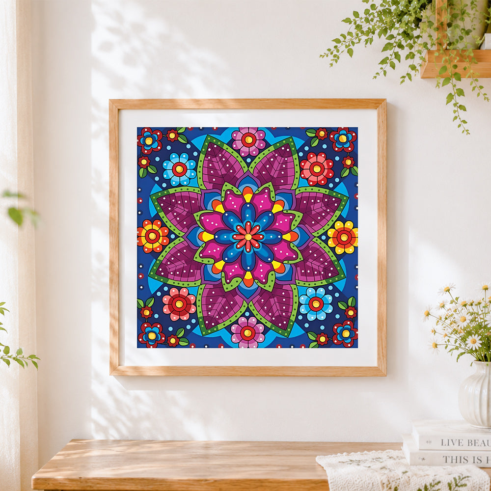 Finished vibrant floral mandala cross stitch artwork displayed