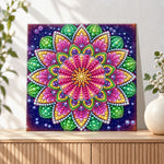 Finished vibrant floral mandala pearl diamond painting artwork displayed as holiday home decor