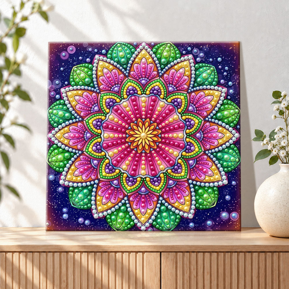 Finished vibrant floral mandala pearl diamond painting artwork displayed as holiday home decor