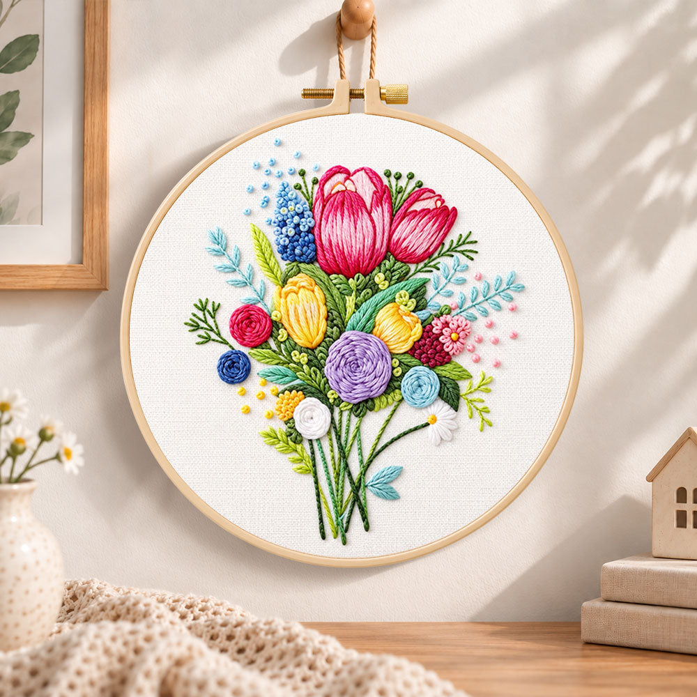 Vibrant flower bouquet embroidery hoop wall art displayed as warm and cosy handmade home decor