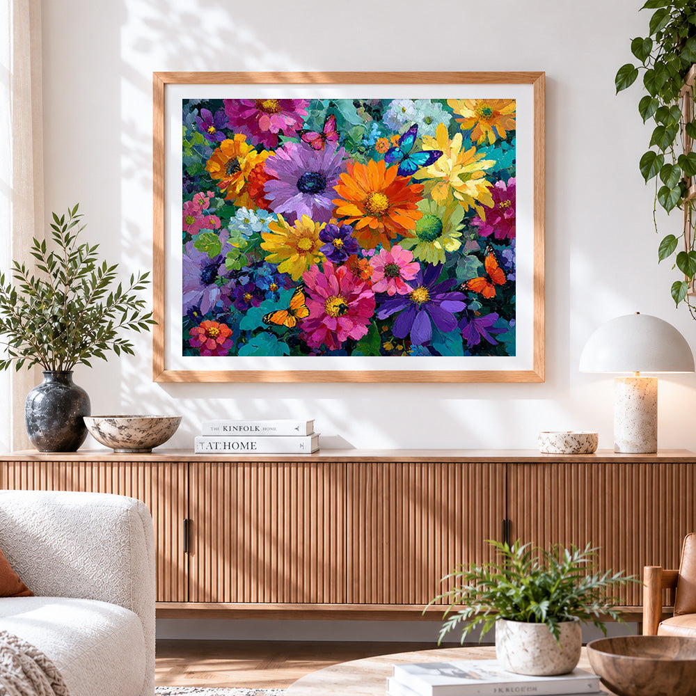 Finished vibrant flowers cross stitch artwork displayed