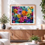 Finished vibrant flowers cross stitch artwork displayed