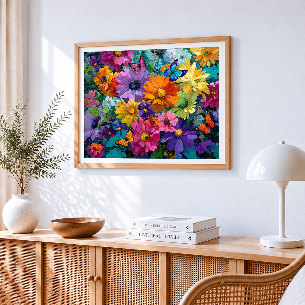 Vibrant flowers cross stitch artwork displayed on wall as home decor