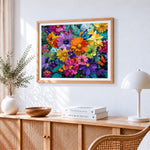 Vibrant flowers paint by numbers artwork displayed on wall as home decor