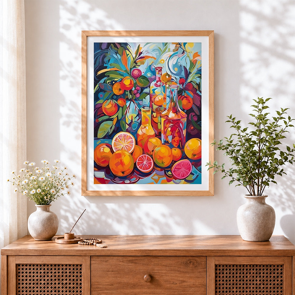 Finished vibrant fruit and bottles cross stitch artwork displayed