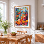 Vibrant fruit and bottles cross stitch artwork displayed on wall as home decor