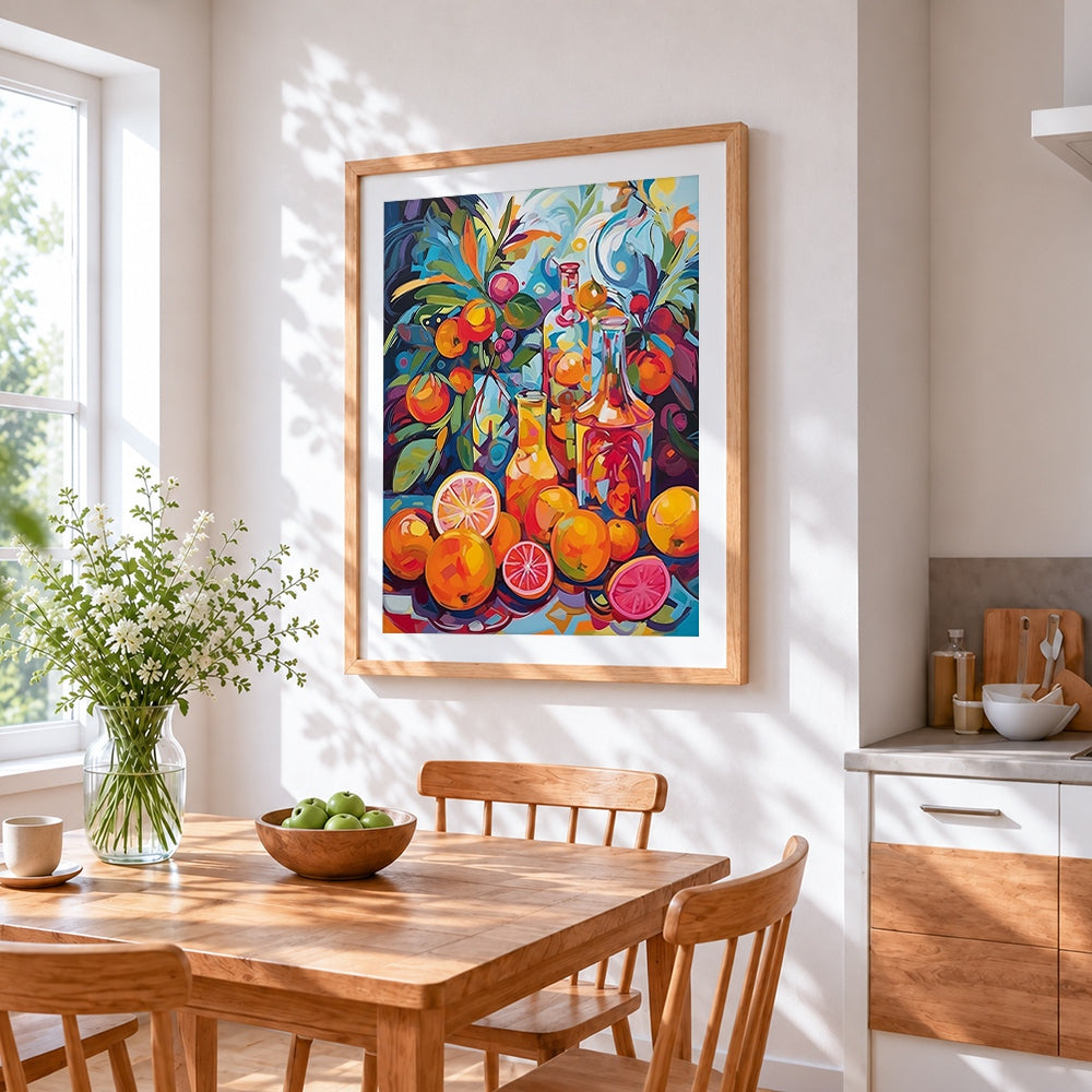 Vibrant fruit and bottles cross stitch artwork displayed on wall as home decor