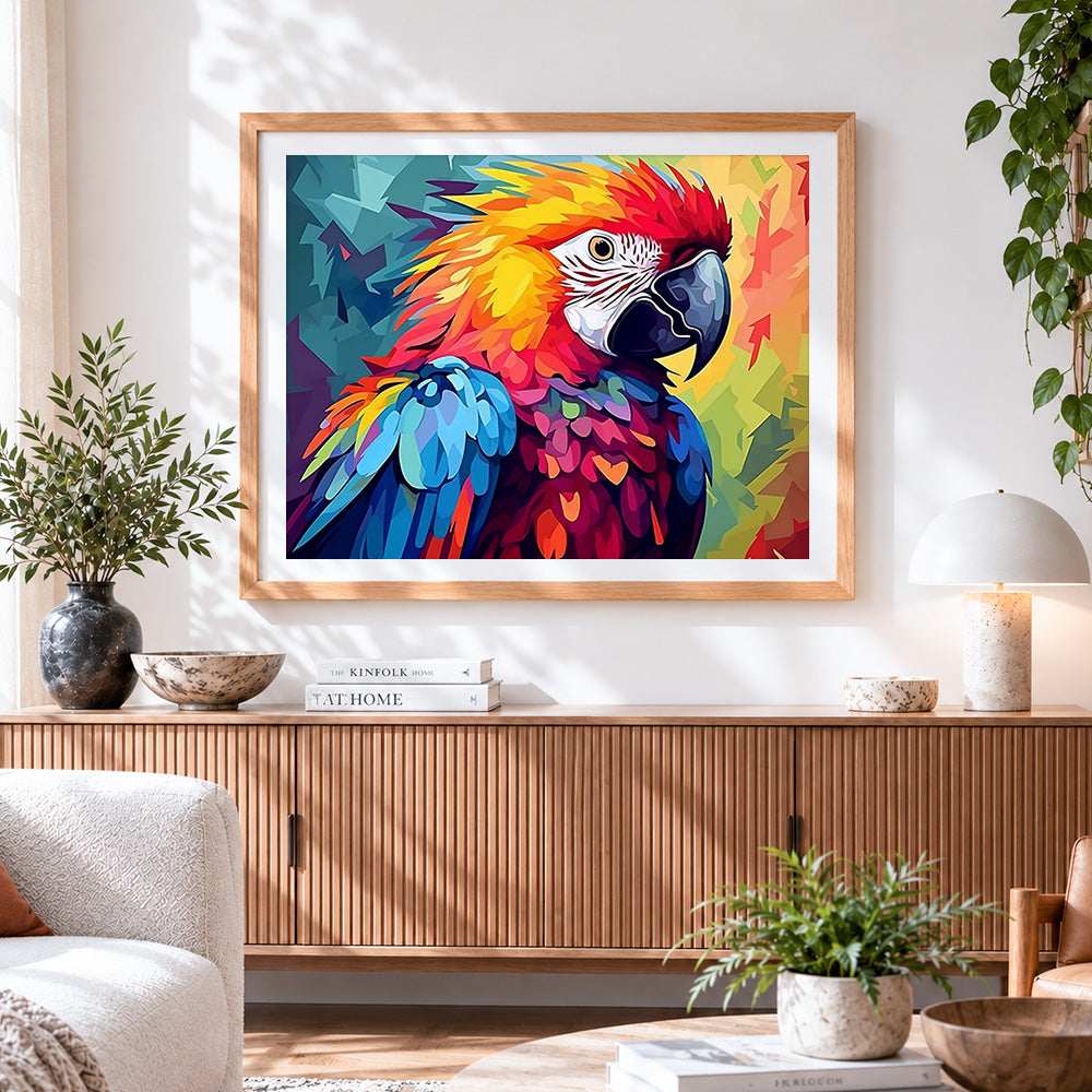 Finished vibrant geometric macaw cross stitch artwork displayed