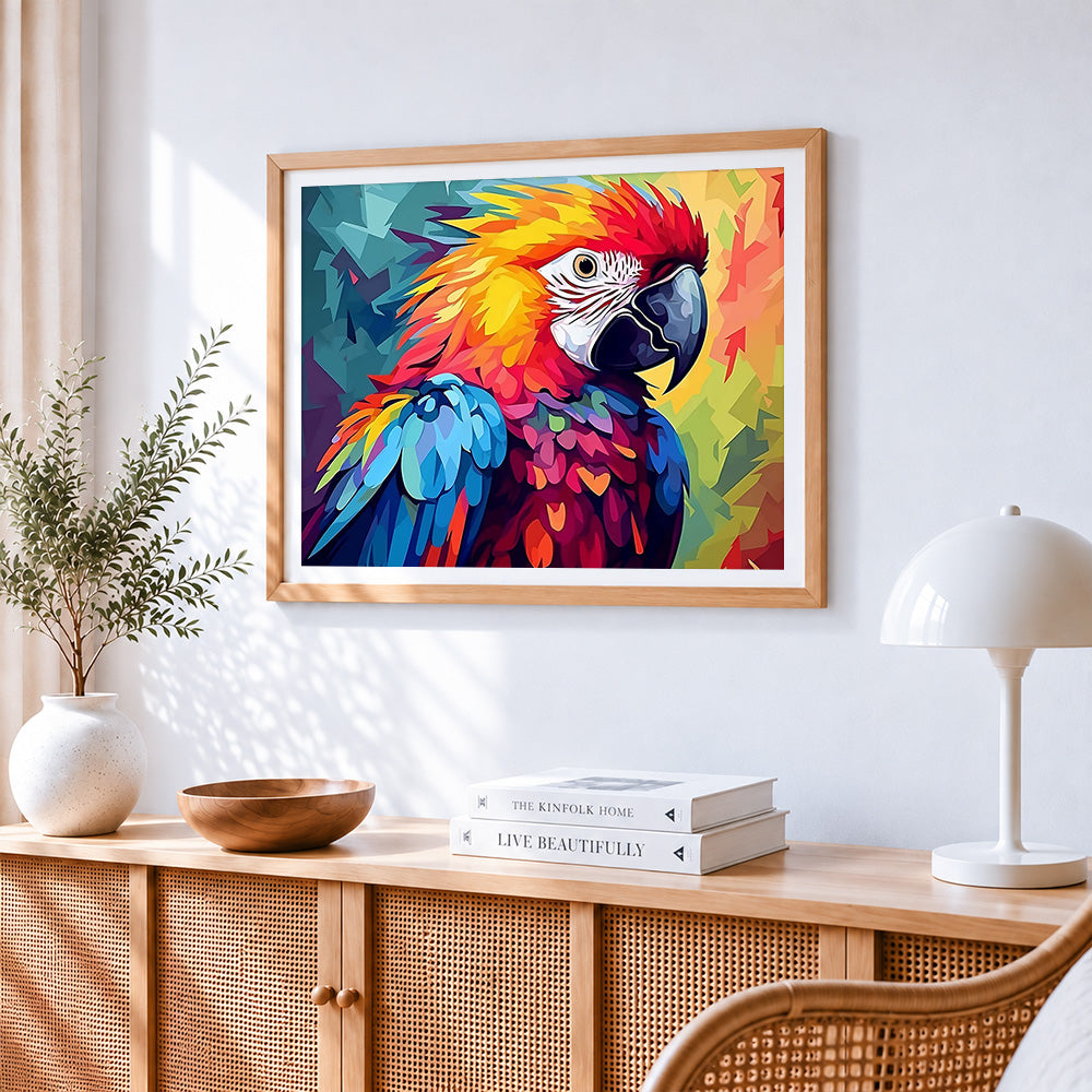 Vibrant geometric macaw cross stitch artwork displayed on wall as home decor