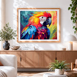 Finished vibrant geometric macaw paint by numbers artwork displayed as home decor