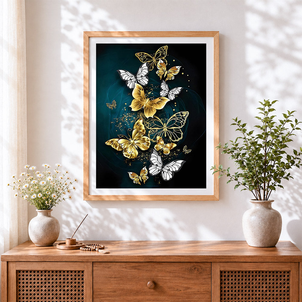 Finished vibrant gold and white butterflies cross stitch artwork displayed