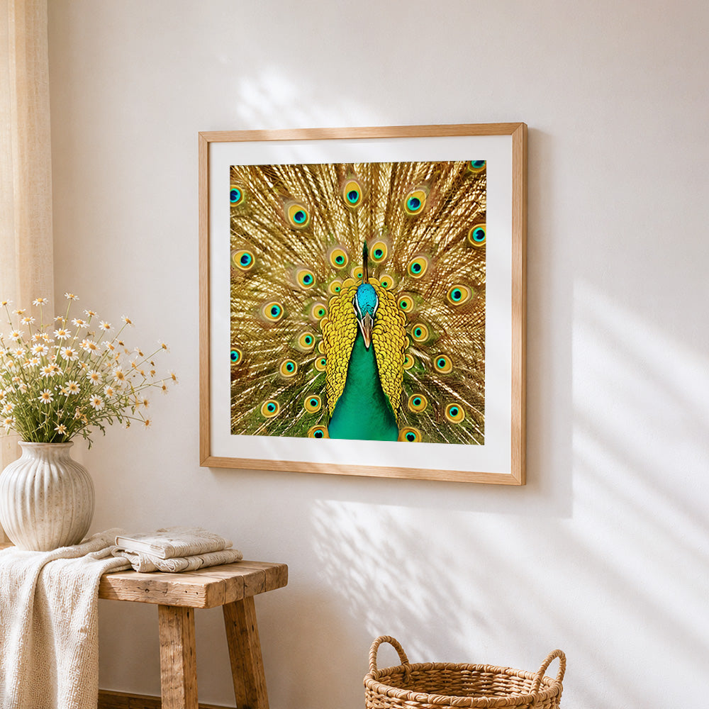 Vibrant golden peacock feathers cross stitch artwork displayed on wall as home decor