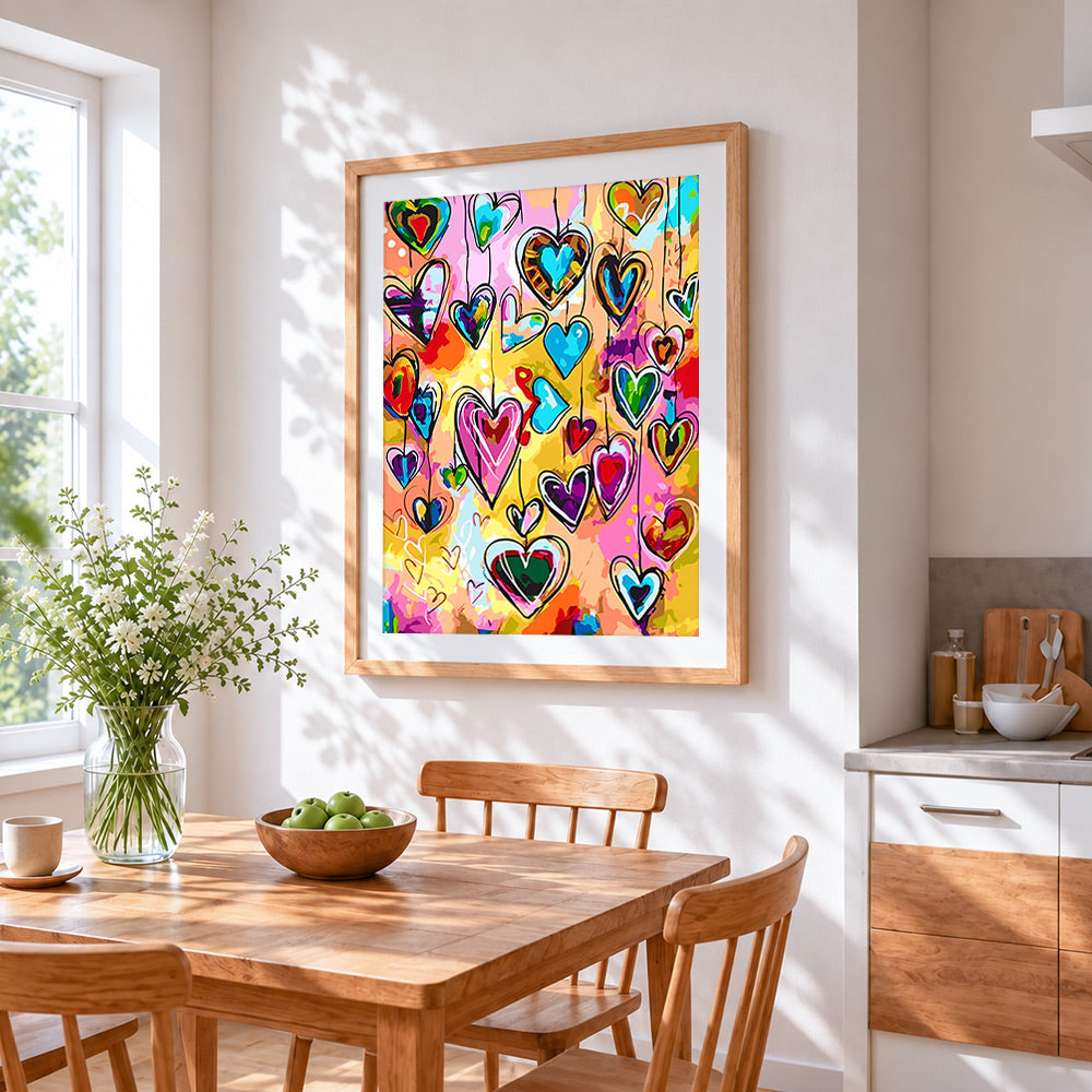 Vibrant heart doodles cross stitch artwork displayed on wall as home decor