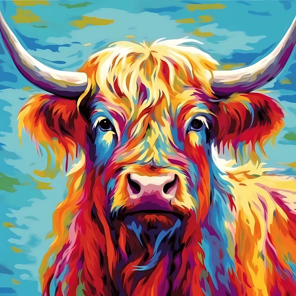 Vibrant highland cow on blue background cross stitch kit for beginners