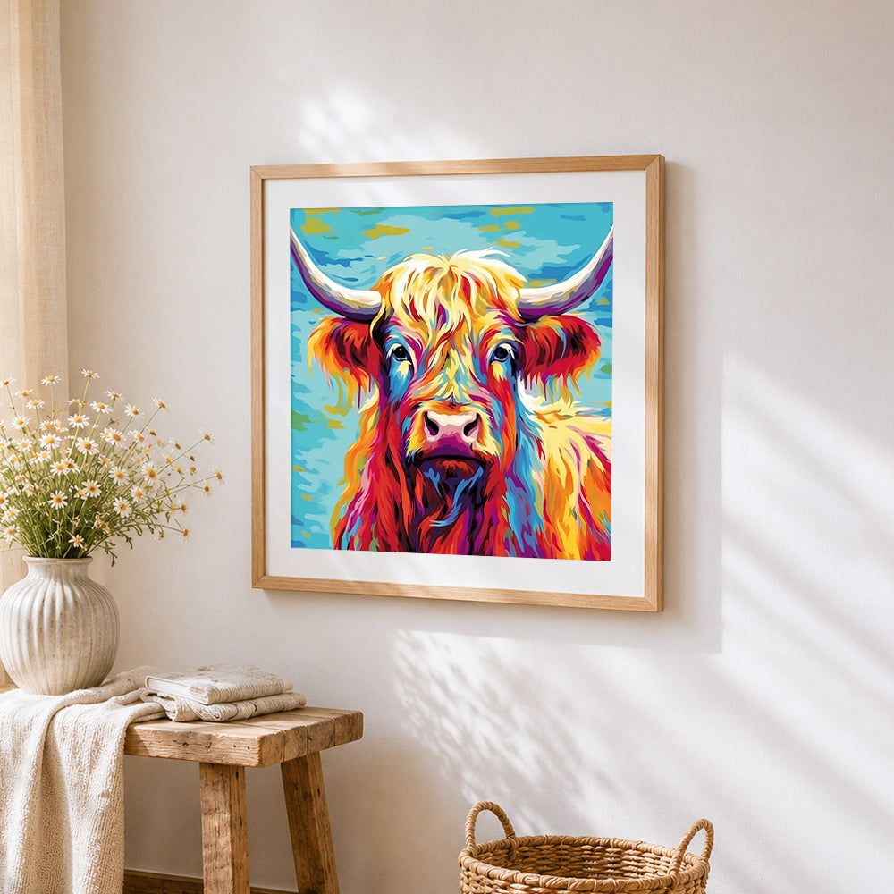 Vibrant highland cow on blue background cross stitch artwork displayed on wall as home decor