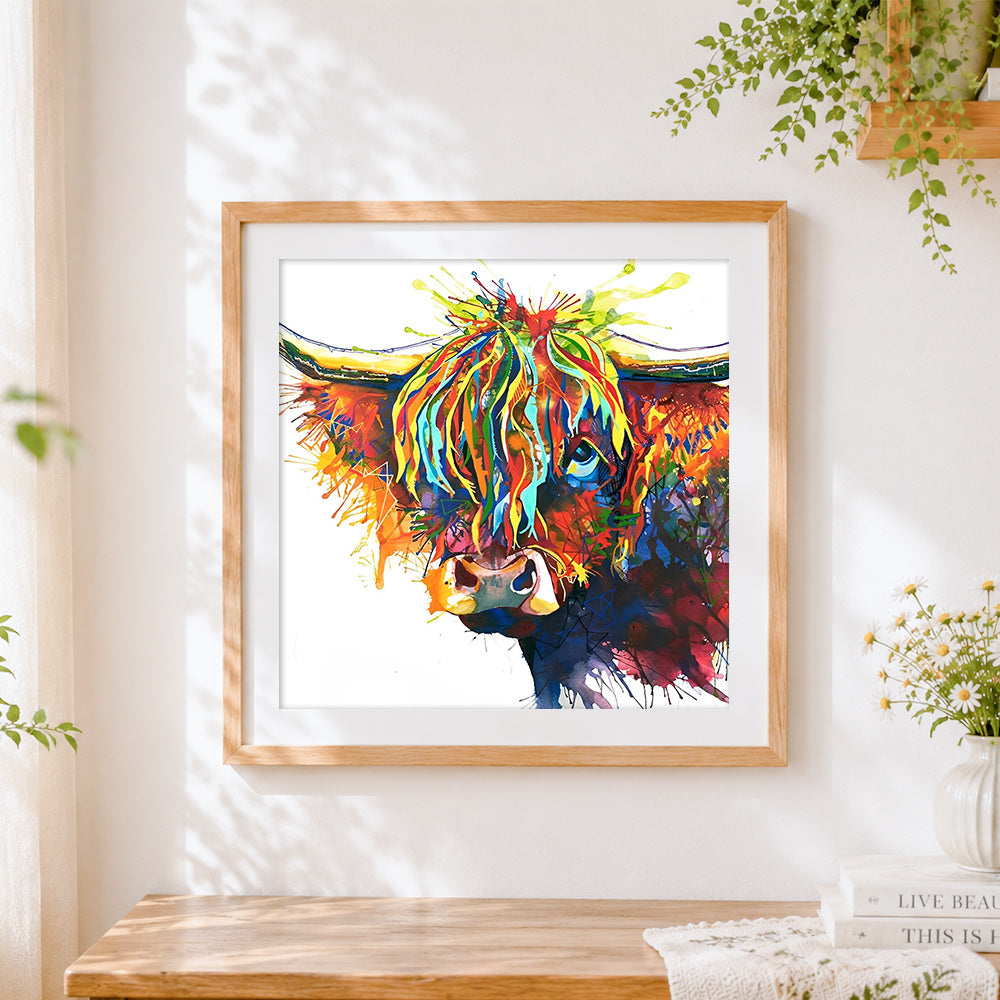 Finished vibrant highland cow with geometric details cross stitch artwork displayed