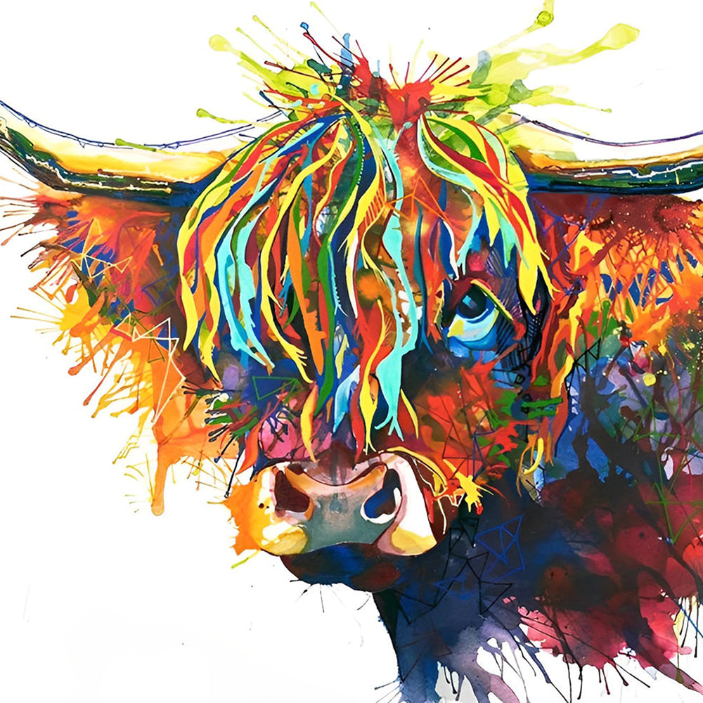 Vibrant highland cow with geometric details cross stitch kit for beginners
