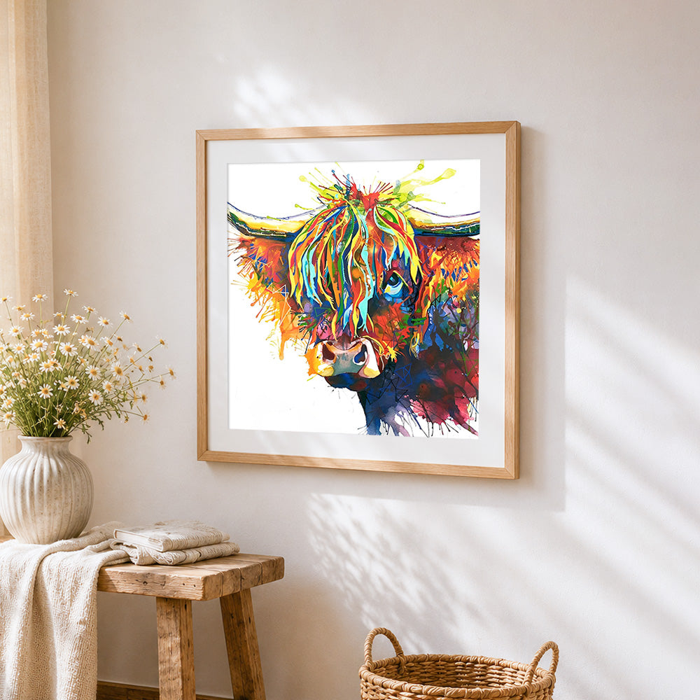 Vibrant highland cow with geometric details cross stitch artwork displayed on wall as home decor