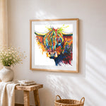Vibrant highland cow with geometric details paint by numbers artwork displayed on wall as home decor