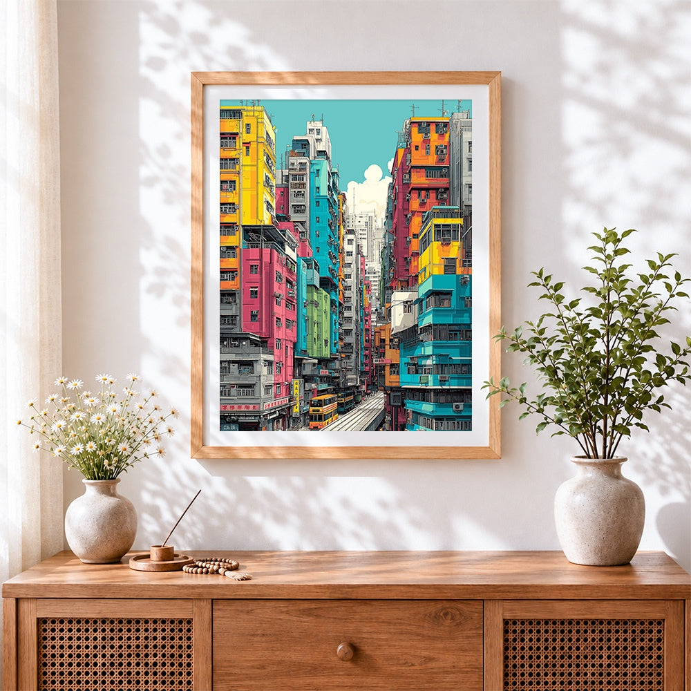 Finished vibrant hong kong street cross stitch artwork displayed