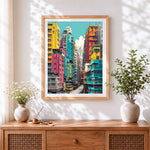 Finished vibrant hong kong street cross stitch artwork displayed