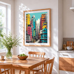 Vibrant hong kong street cross stitch artwork displayed on wall as home decor