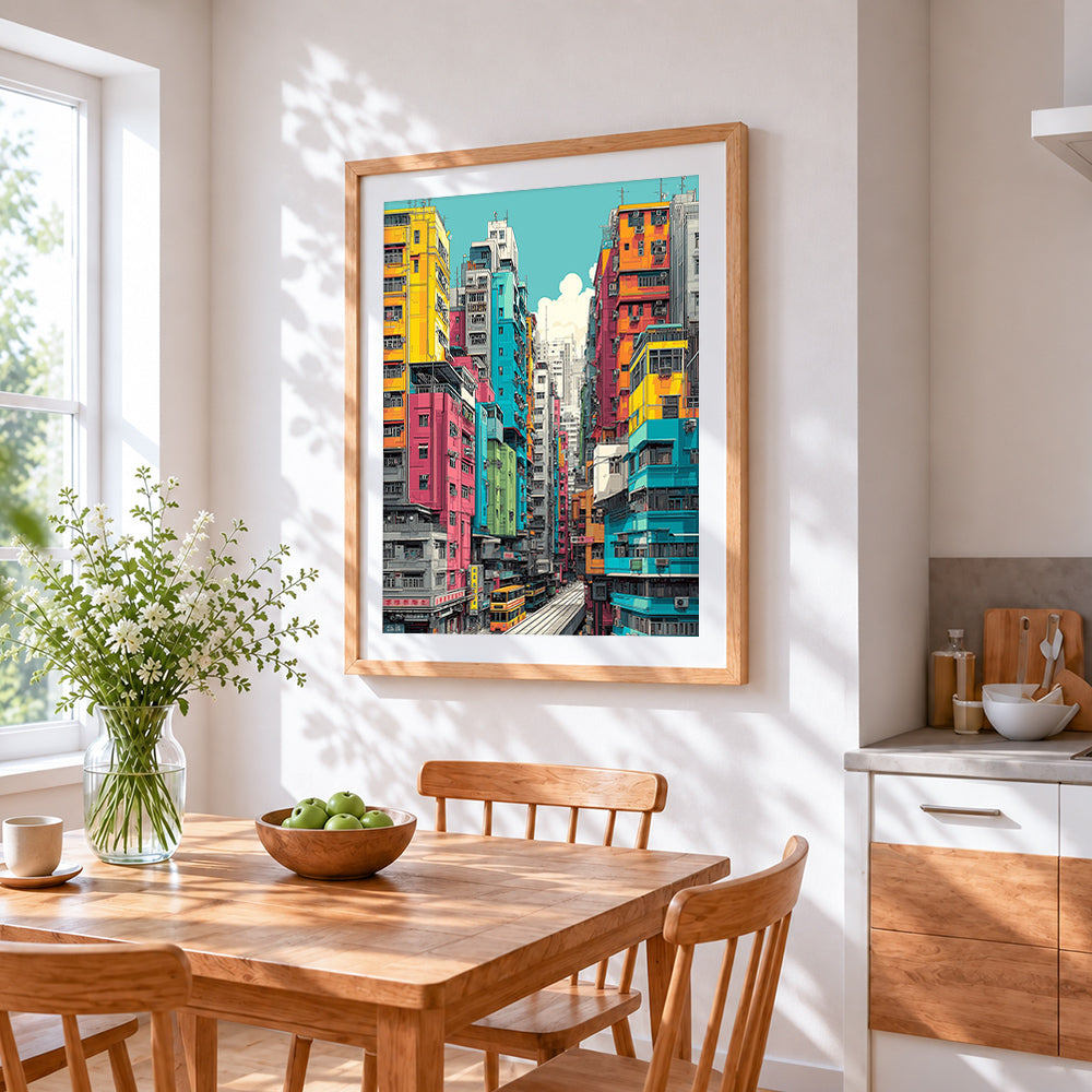 Vibrant hong kong street cross stitch artwork displayed on wall as home decor