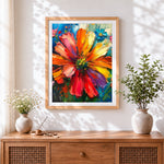 Finished vibrant impasto flower cross stitch artwork displayed