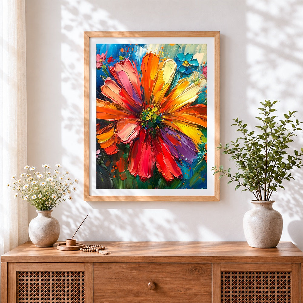 Finished vibrant impasto flower cross stitch artwork displayed