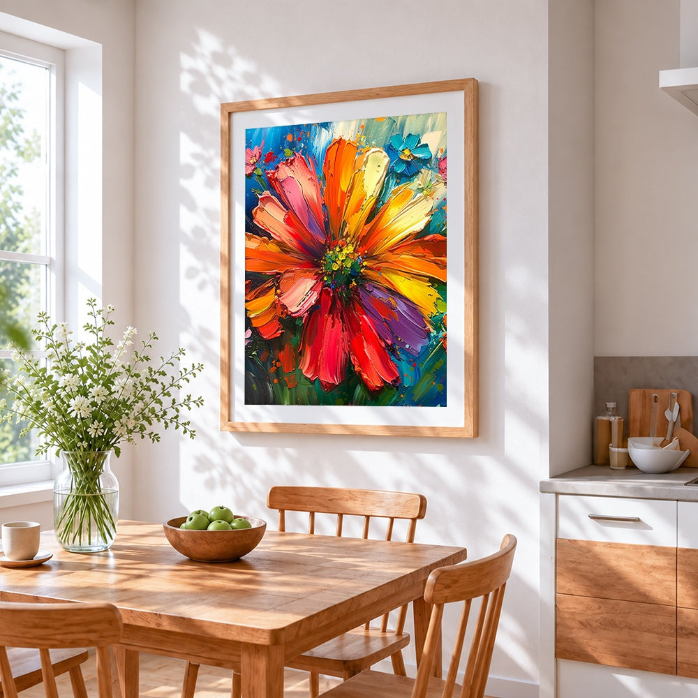 Vibrant impasto flower cross stitch artwork displayed on wall as home decor