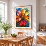 Vibrant impasto flower cross stitch artwork displayed on wall as home decor