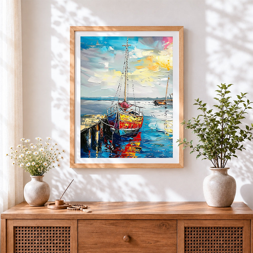 Finished vibrant impasto style moored boat cross stitch artwork displayed