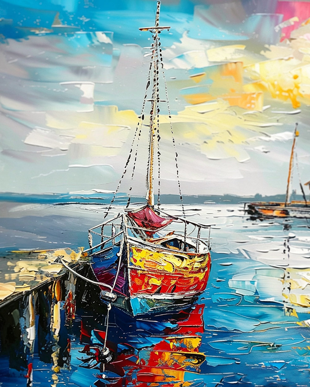 Vibrant impasto style moored boat cross stitch kit for beginners