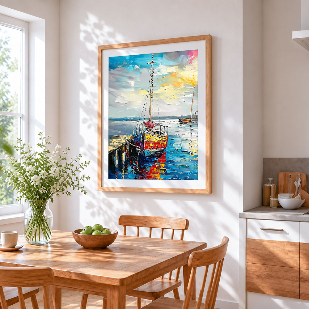 Vibrant impasto style moored boat cross stitch artwork displayed on wall as home decor